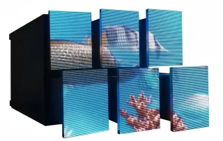 Kinetic LED installation with moving mechanical LED panels displaying ocean underwater visuals