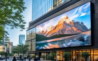 Large outdoor LED display on modern building wall, environmental reliable digital billboard